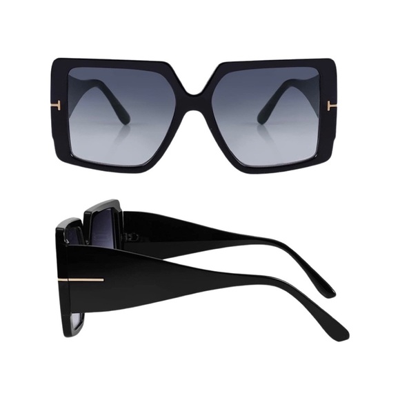 "The Celebrity" Black Square Oversized Glasses with Delicate Gold Metal Detail - Picture 2 of 4
